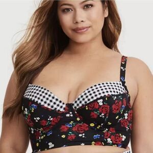Torrid Black Floral Gingham Longline Swimsuit Bikini Top Plussize 1X